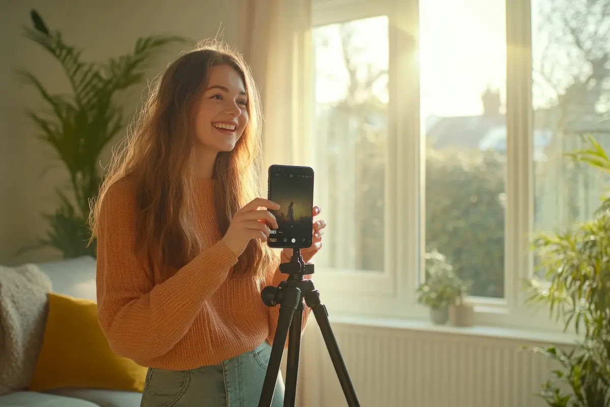 A young woman takes photos with her smartphone on a tripod Bright sunlight fills the room This style is modern and casual Perfect for social media Generative AI