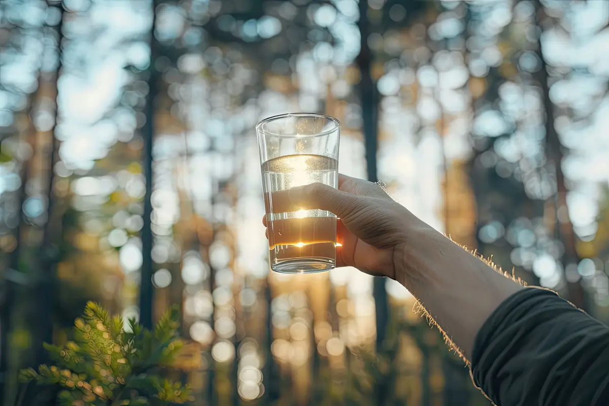 Closeup of hand holding drink against trees