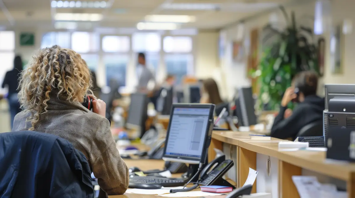 Busy open plan office with workers at desks and on the phone Generative AI