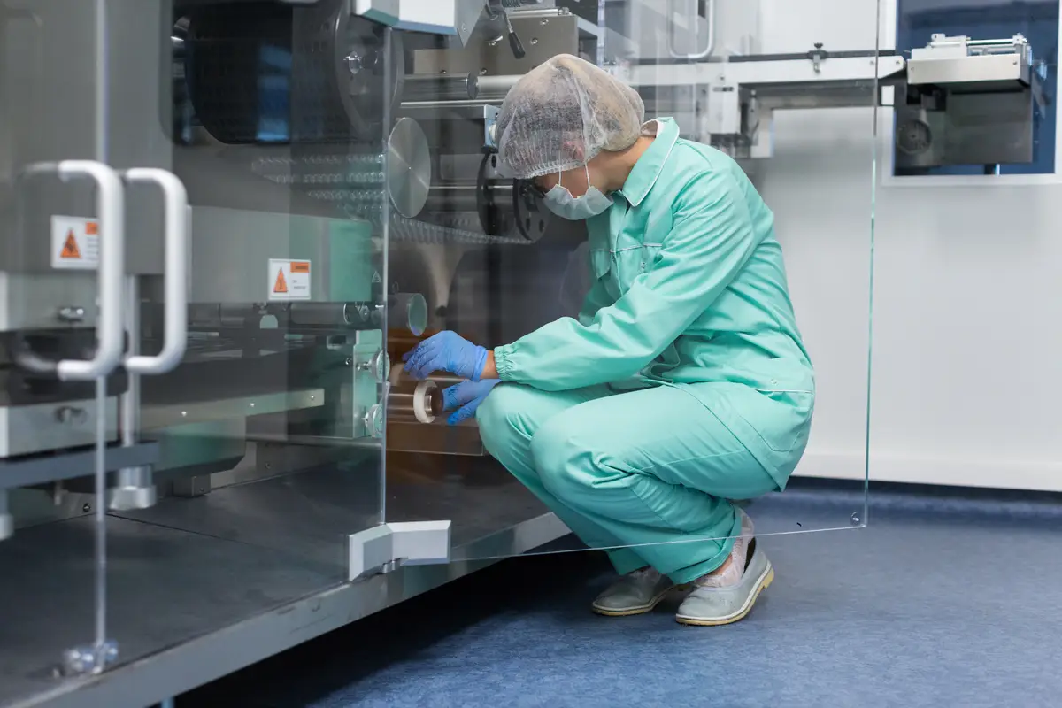 Trabajador de fábrica caucásico en traje de laboratorio azul trabajando con máquina en cuclillas