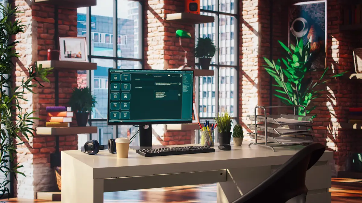 AI LLM chatbot software interface on PC in home office showing virtual assistant