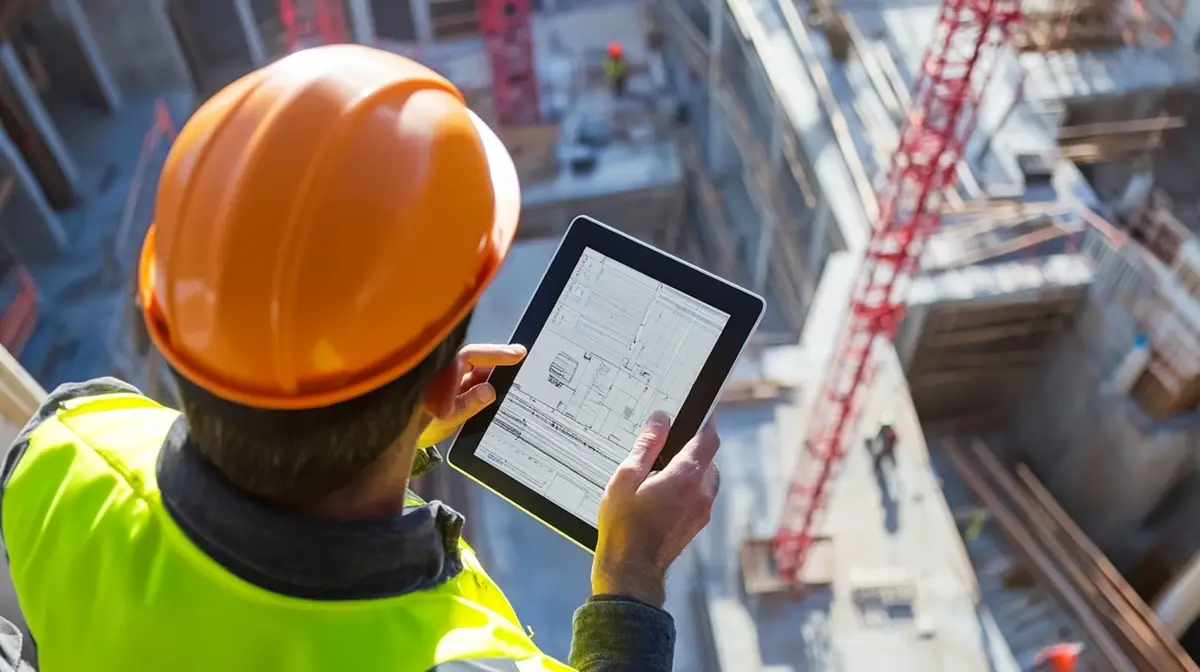 Engineer Using a Digital Tablet on a Construction Site Engineer Operating a Digital Tablet While Overseeing a Construction Site