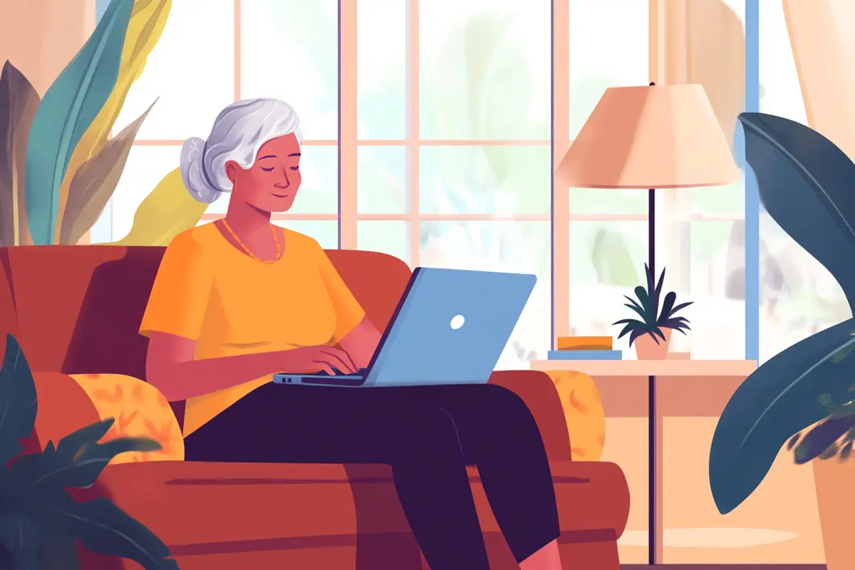 a woman sits on a couch with a laptop illustration
