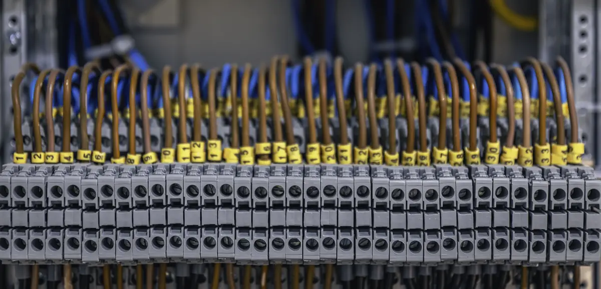 Painel elétrico com fusíveis e contatores em detalhe em subestação de energia industrial