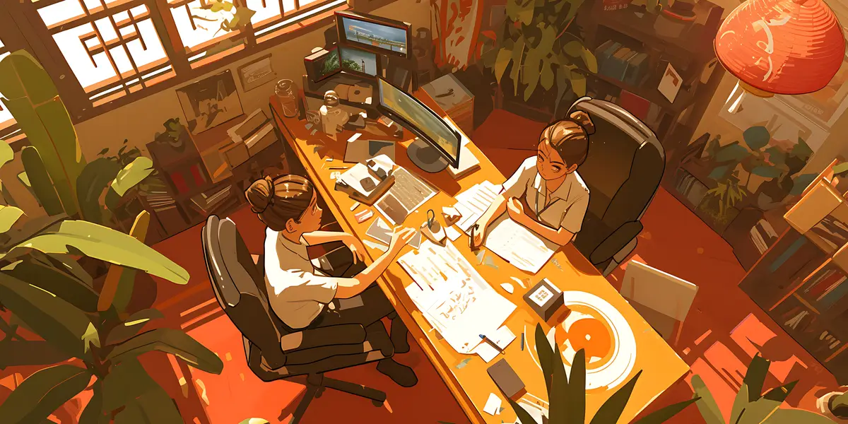 there are two people sitting at a desk with computers and a plant