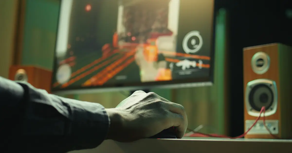 Close up shot of man using keyboard and mouse playing online game