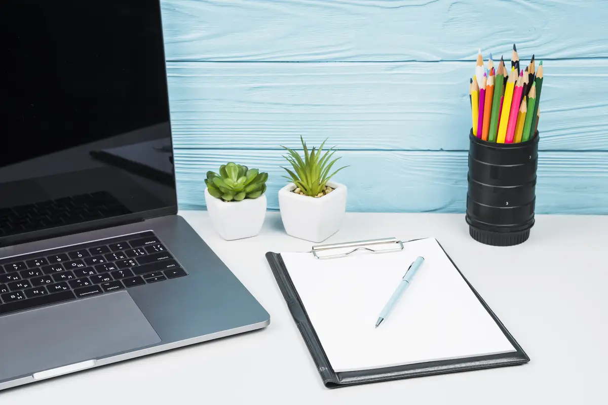 High view laptop with office accessories