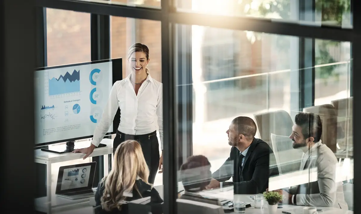 Business meeting accounting and budget plan with speaker charts and stats for performance Presenter teamwork and finance discussion with fintech for data analysis graphs and audit in office