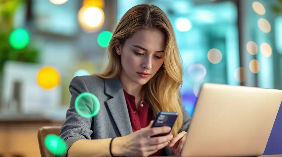 Woman working on laptop and smartphone in a cafe