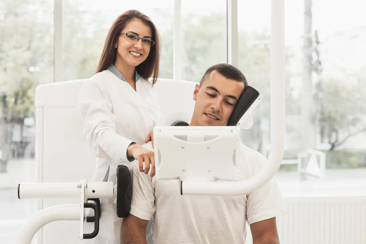 Female doctor showing patient how to use medical machine