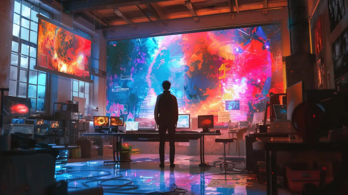 Graphic designer and ai hologram in artistic studio aig