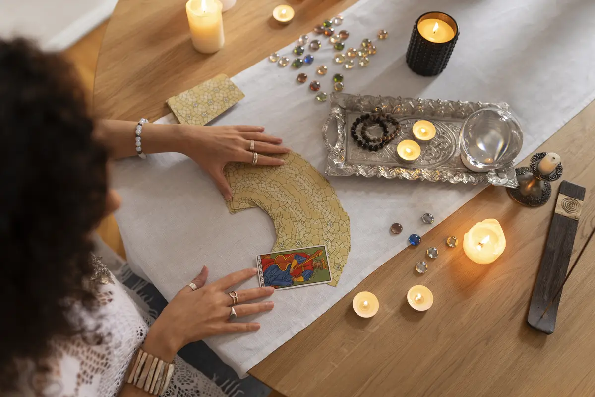 High angle woman reading tarot