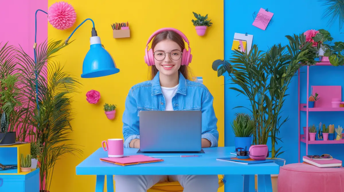 A cheerful young woman works on her laptop in a vibrant home office filled with colorful decor and plants