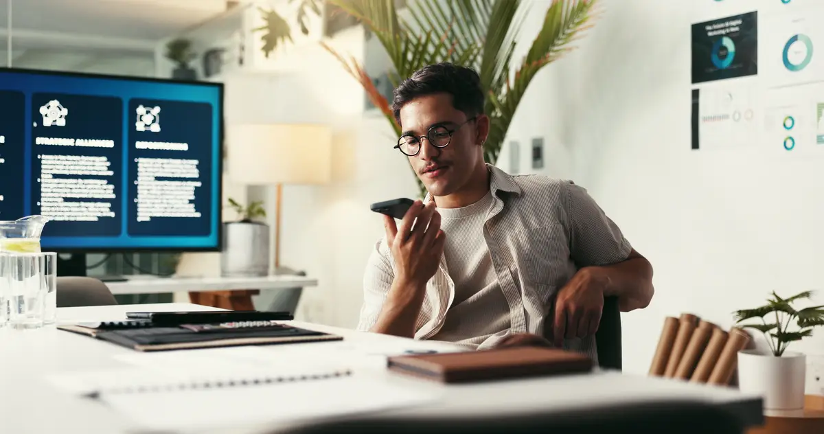 Phone call speaker and man in office talking and voice note for publishing of ebook and serious Business writer and negotiation for royalties of manuscript smartphone and planning for release