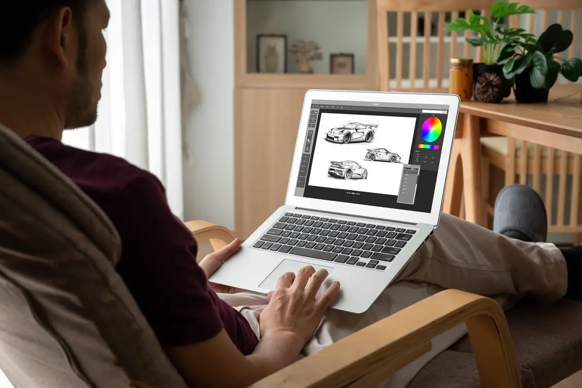 Electric car design software on computer screen show simulation blueprint snugly