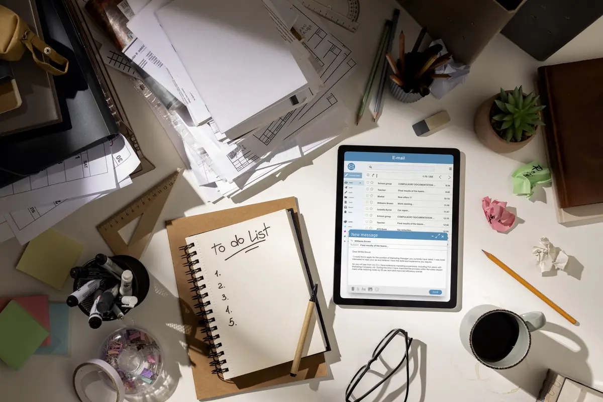 Top view of messy office workspace with tablet