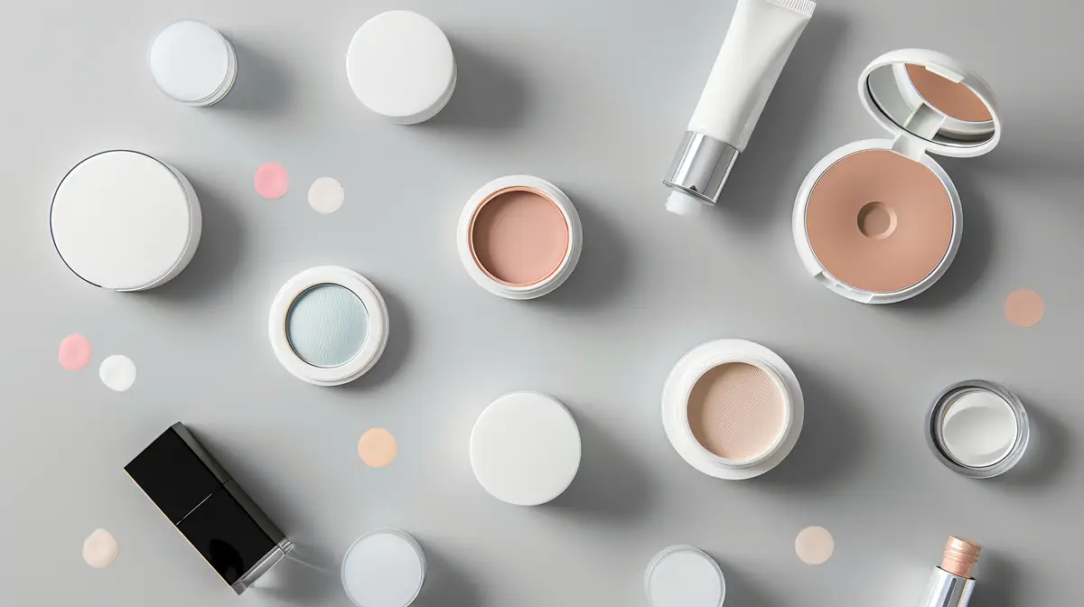 A flat lay of makeup products on a gray background