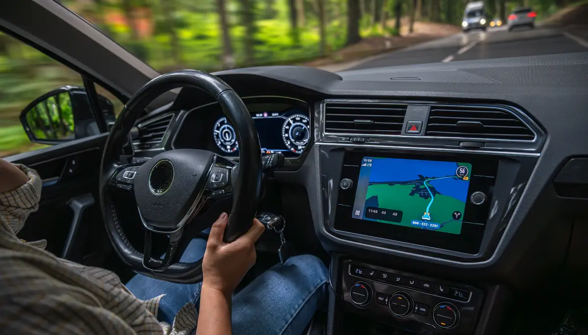 Female driver steering car driving forest road navigation display