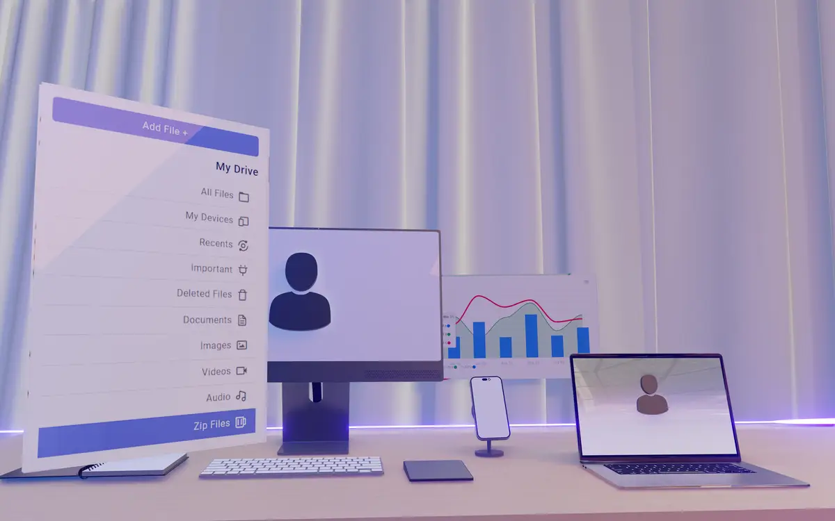 Digital Transformation Interactive Workbench with Laptop Mobile and User Icon equipped with App