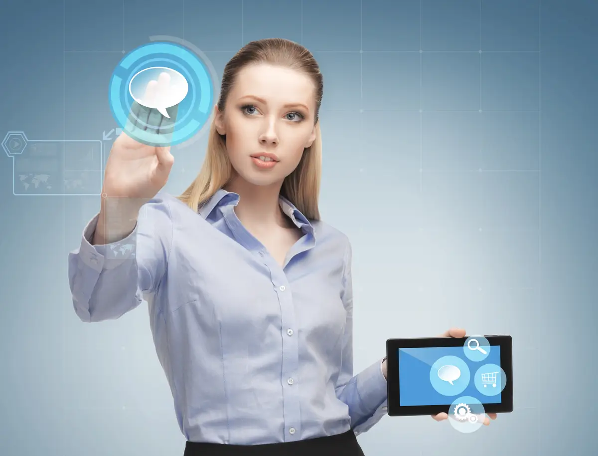 business, future technology and people concept - young businesswoman working with tablet pc and interface icon projections