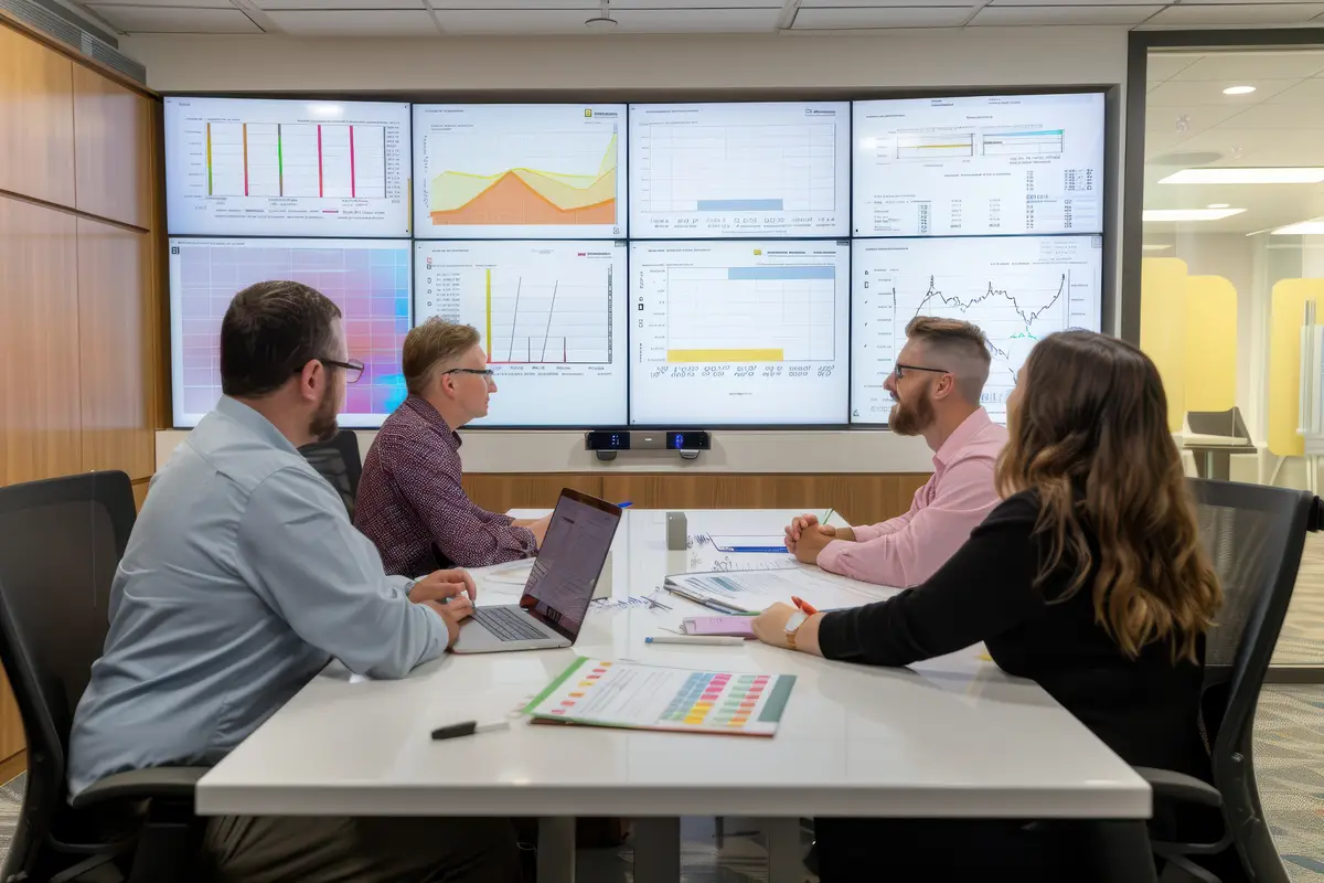 stylish office meeting with team members analyzing data charts vibrant lighting sleek design ar 32 v 6 Job ID ec7c7282641f4c038c2b150cae632288