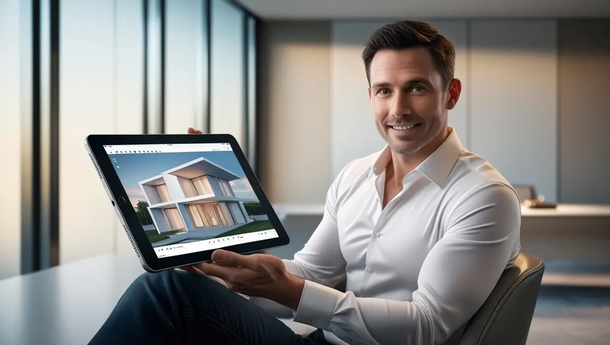 Male Engineer Showcases Model House on Tablet with Digital 3D Technology