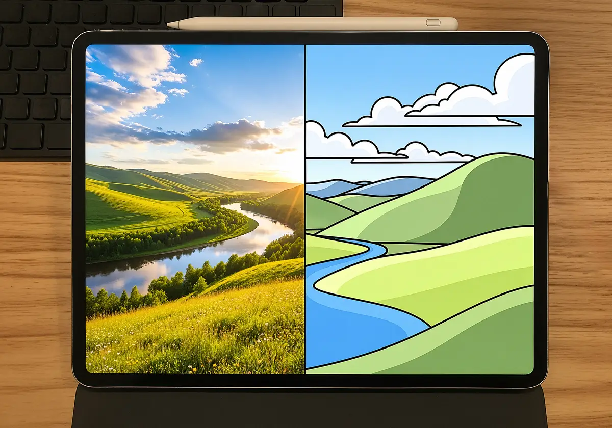 Landscape comparison: realistic vs. cartoon style on tablet
