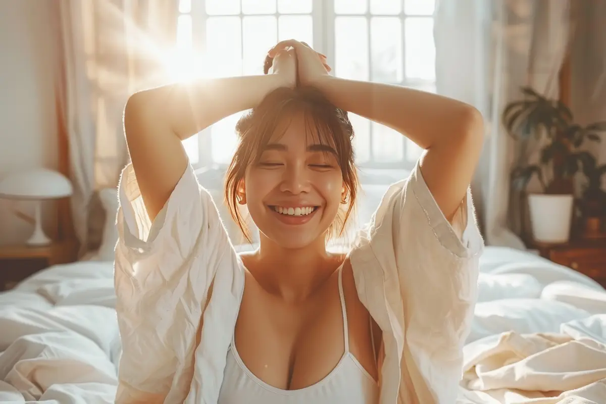 Happy Calm Young Woman Waking Up In Sunny Bedroom Rest And Relax In The Morning Concept
