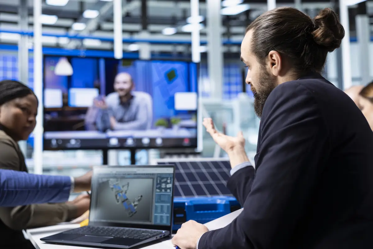 Industrial plant managers look at CAD simulations during remote videoconference