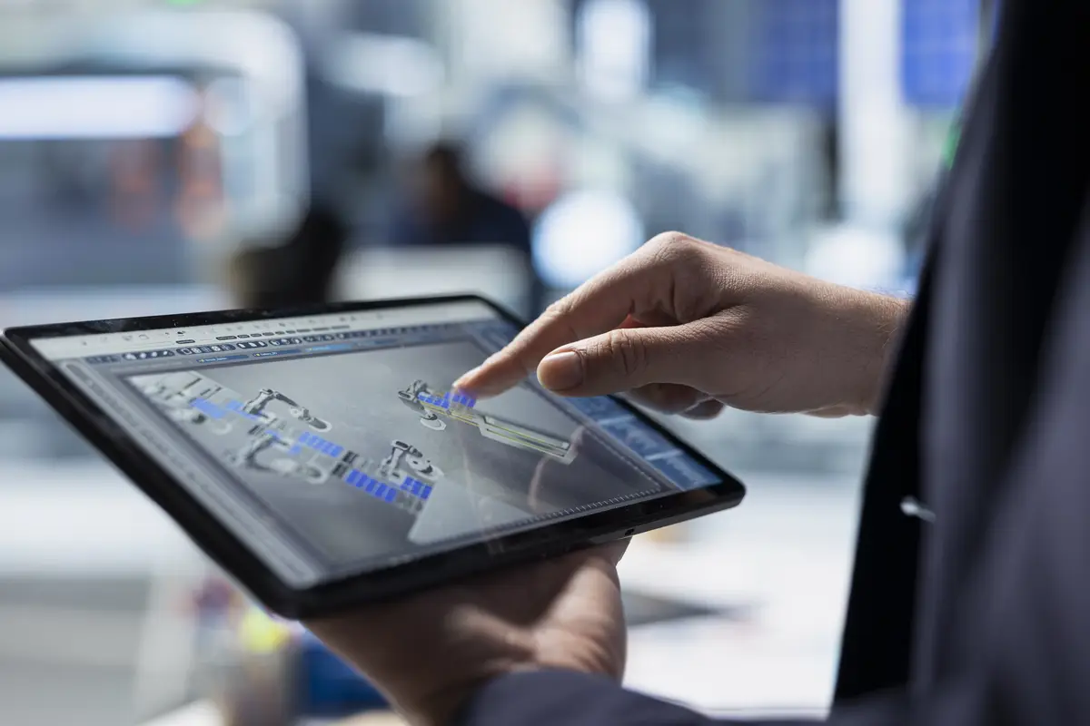 Solar factory expert monitors machinery performance on a production line