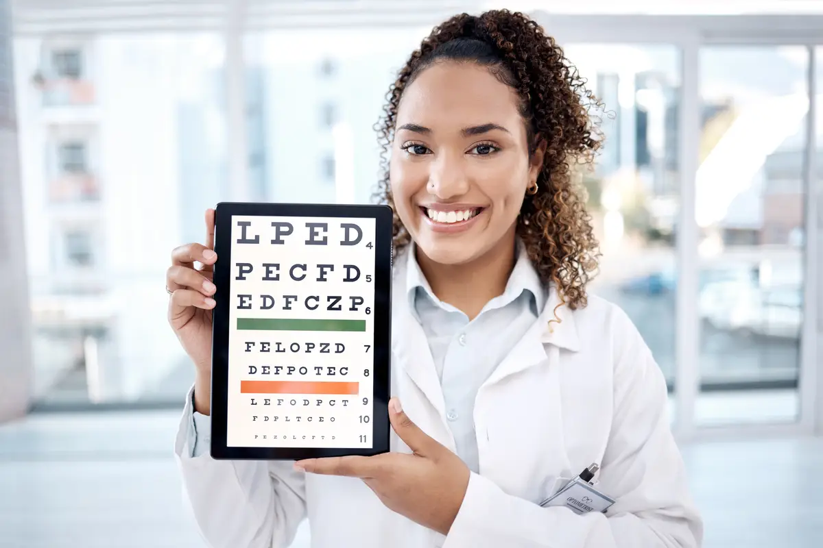 Eye chart portrait and doctor with tablet in hospital for vision examination in clinic Healthcare snellen touchscreen and optometrist or woman holding technology with text or letters for eyes test