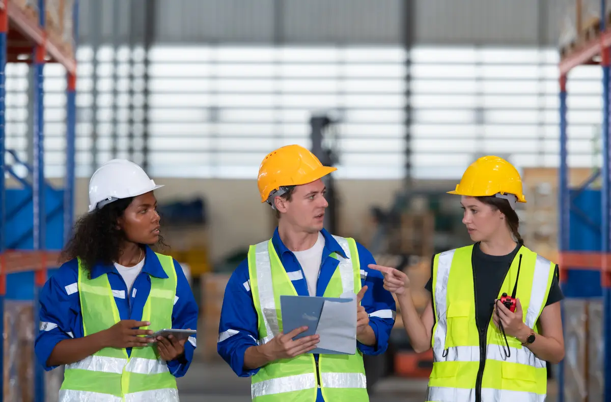 Group of employees in an auto parts warehouse Examine auto parts that are ready to be shipped