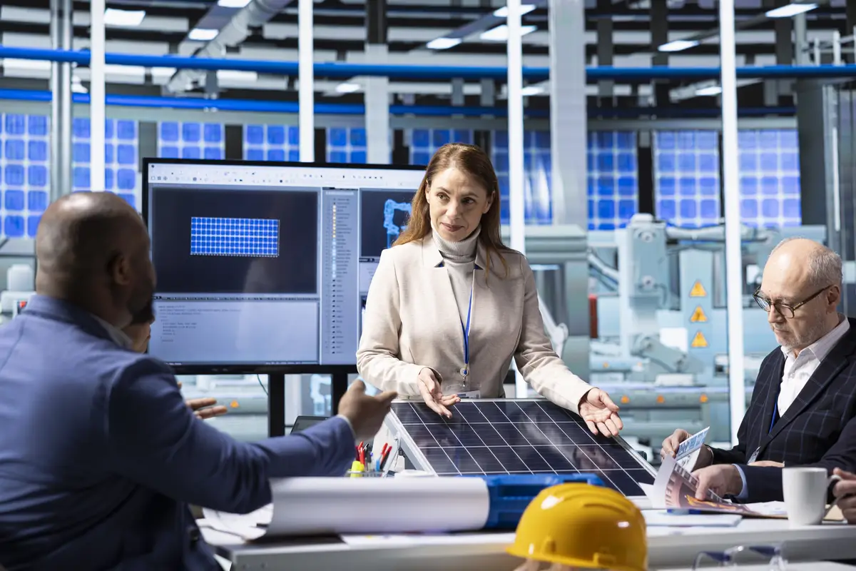Businesswoman showing photovoltaics plant assets to shareholders during pitch