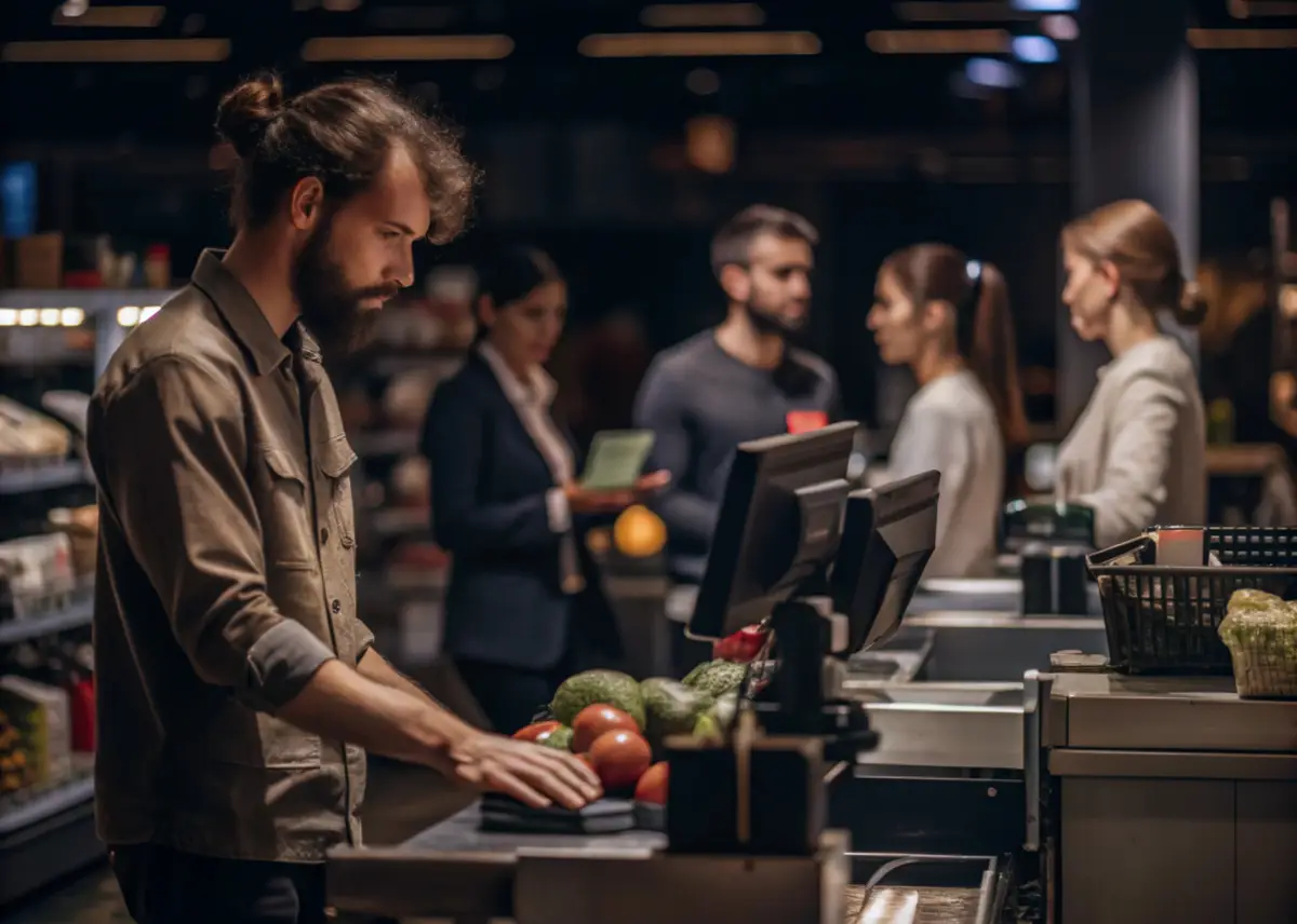 Cashier in Action Scanning Products at the Checkout Counter