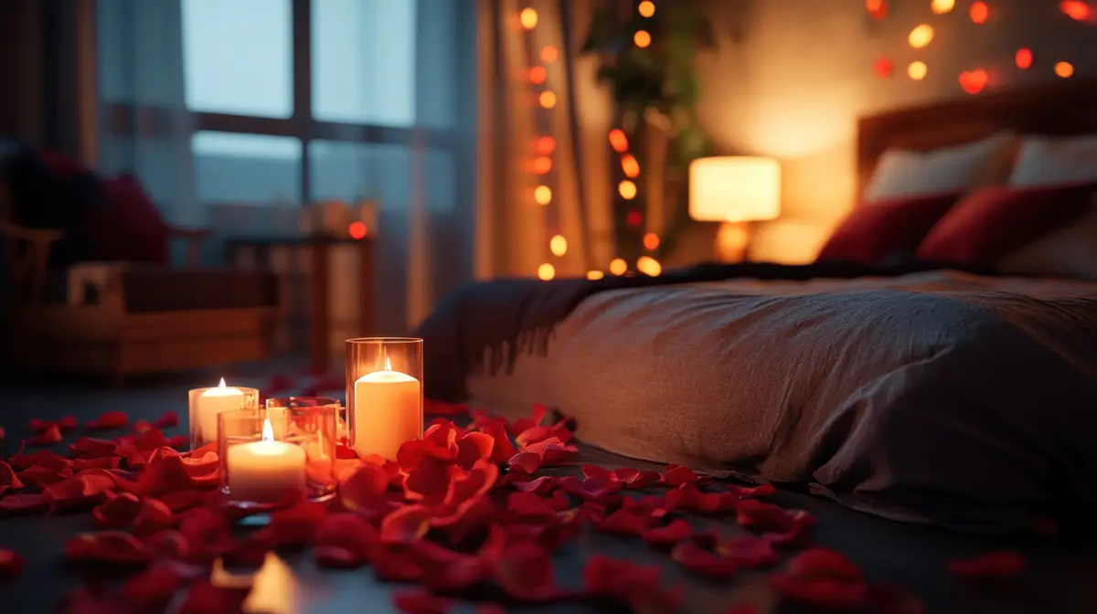 Romantic Bedside with Candles and Rose Petals