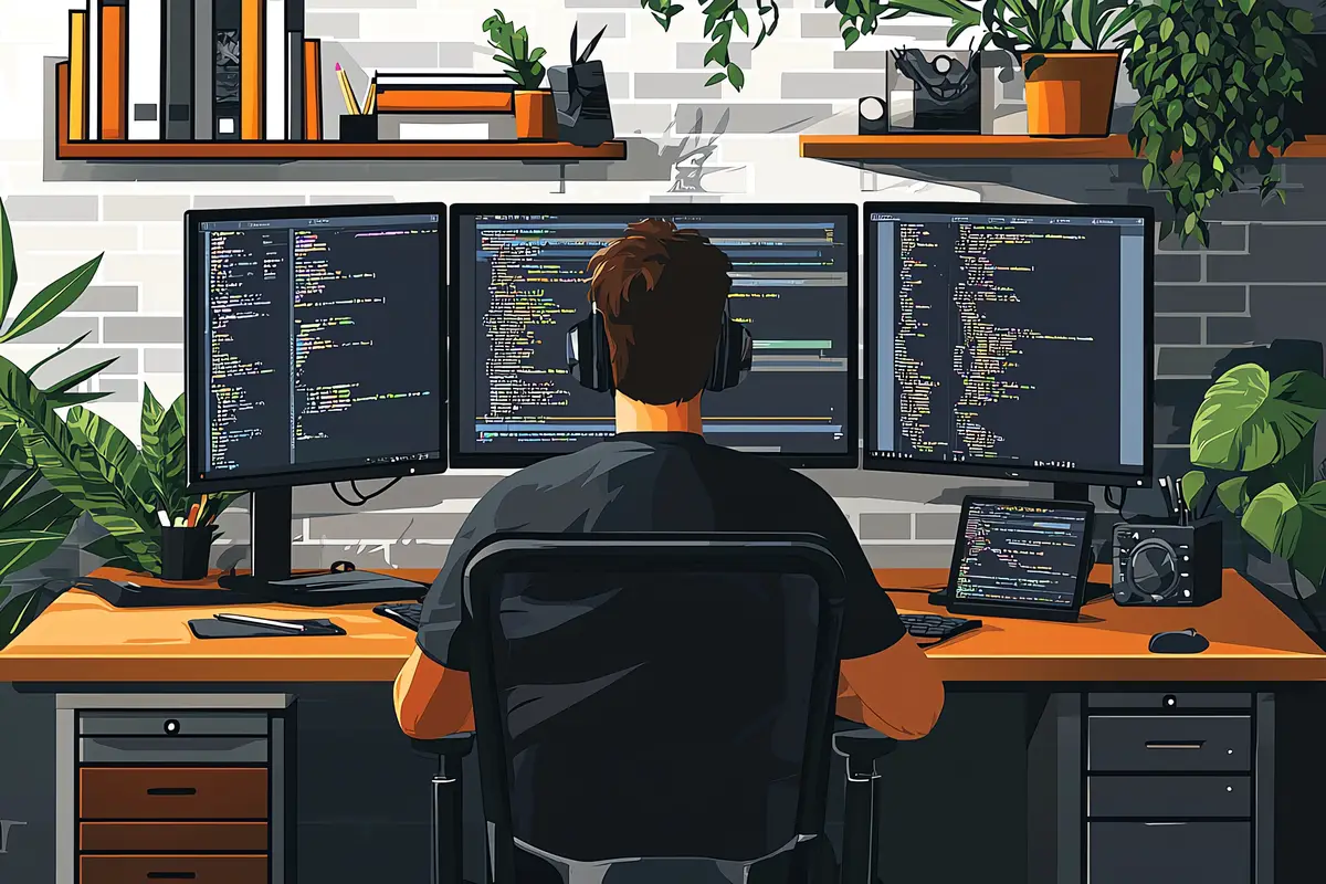 a man sitting in front of a computer with the words code code on the screen