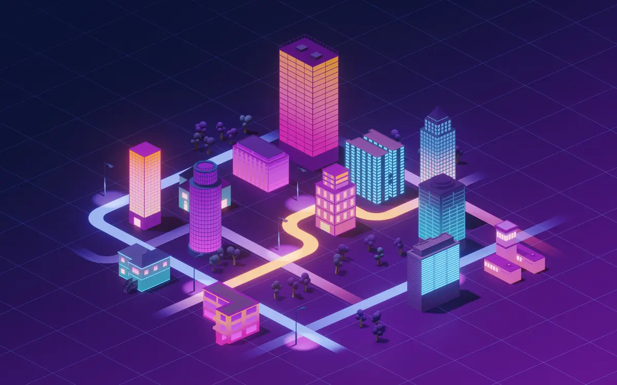 Downtown city neon glowing building 3d rendering