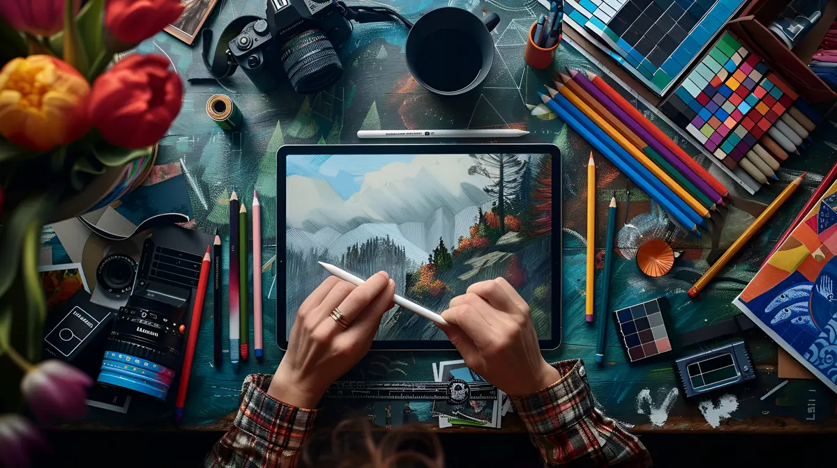 TopDown Shot of Designer Using iPad Pro with Creative Tools on Table Reflecting a Professional Work
