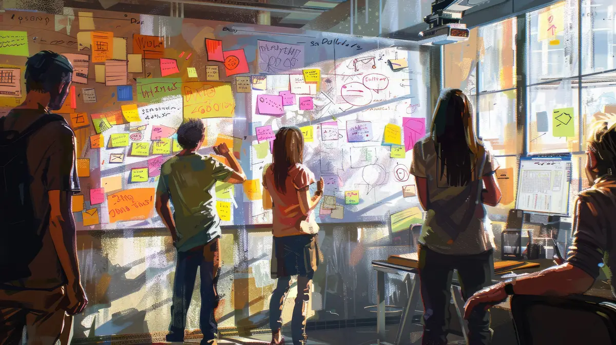 Creative team brainstorming in a modern office with sticky notes for collaboration and ideas aig