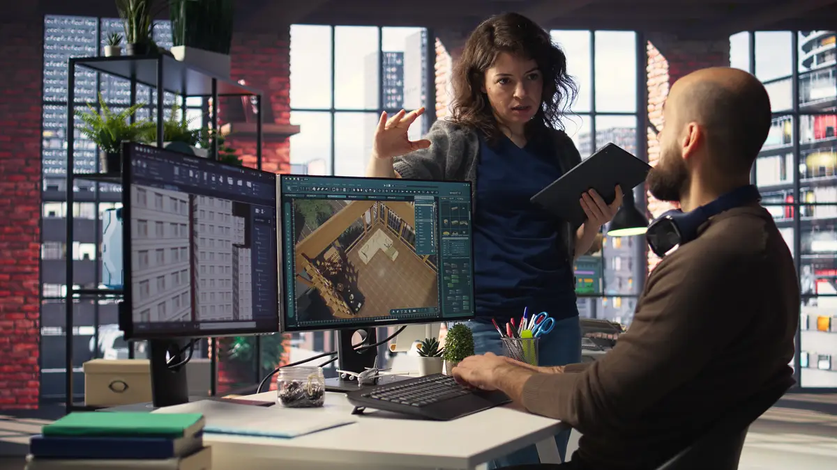 Architectural design team configures a floor plan on dual monitors