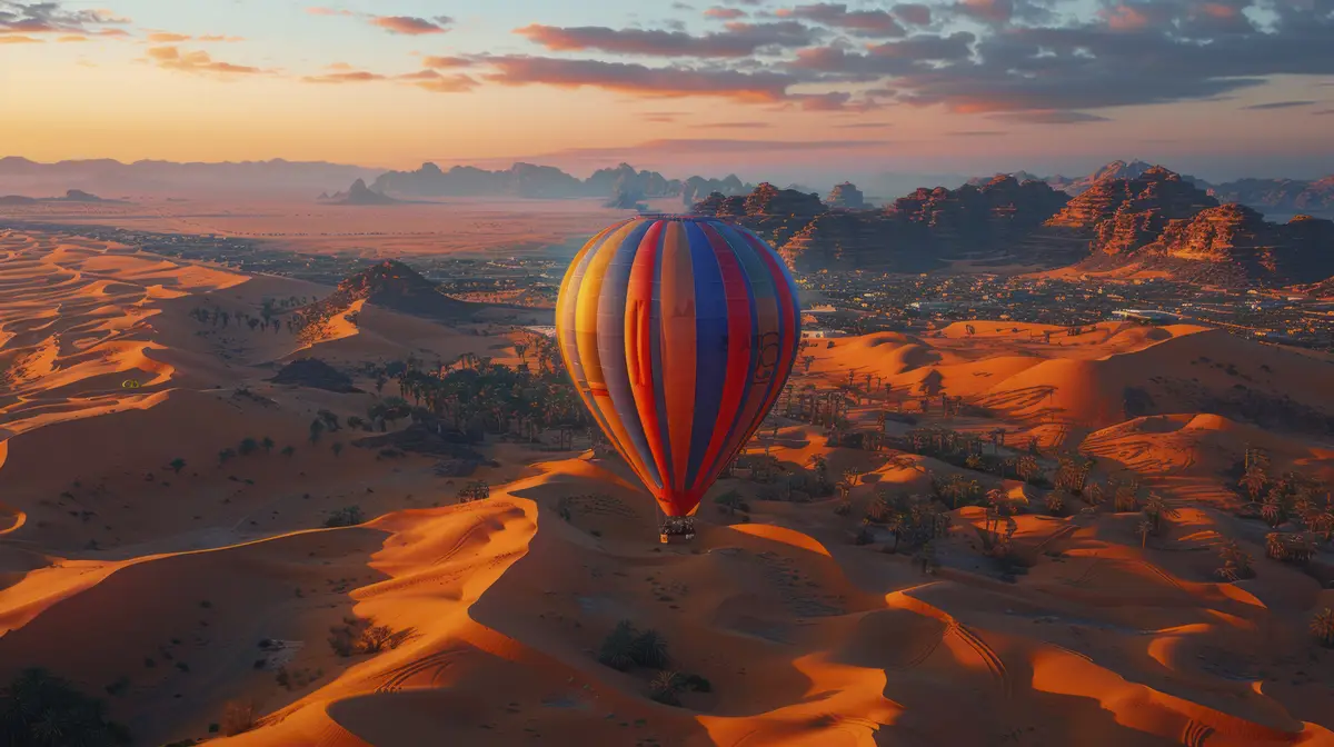 Hot air balloon over realistic dreamscape