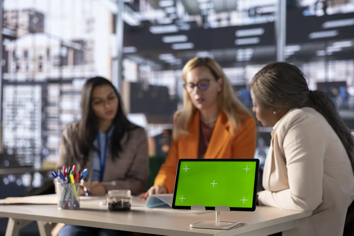 Diverse businesswomen strategizing in a professional office with green screen