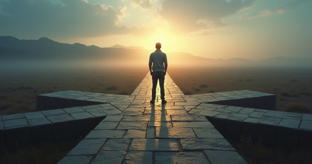 Person standing at a crossroads with seven shadow paths symbolizing inner emotional pains 