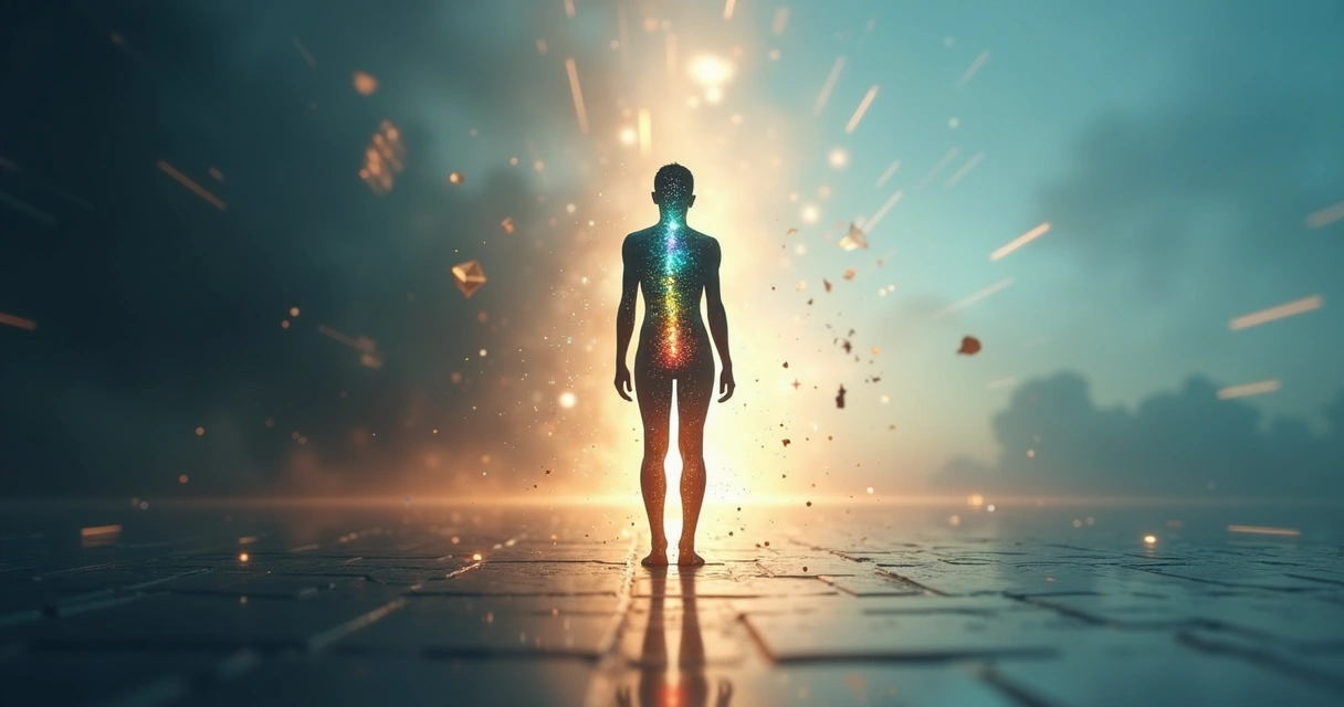 Human silhouette with seven glowing points transforming in a light-filled landscape 