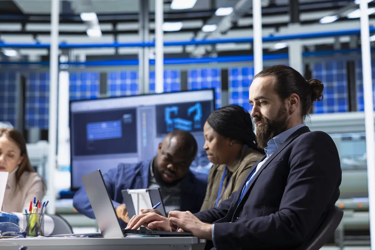 Man using laptop to write factory research and development data report