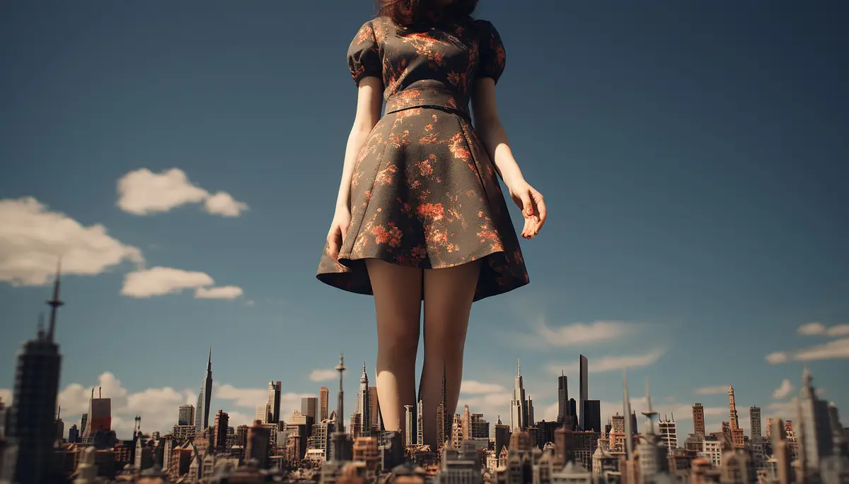 closeup shot of a huge gigantic beautiful woman with an evil smile on her face