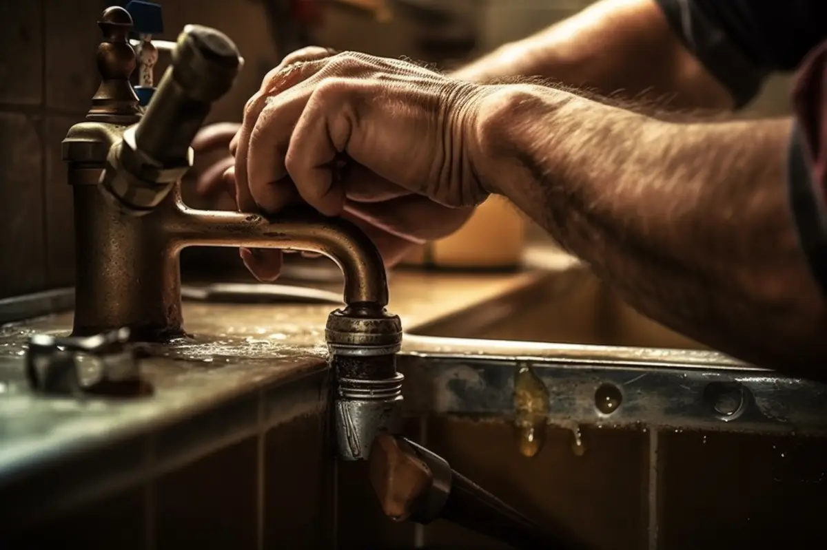 Someone is fixing a faucet in a kitchen sink with a wren generative ai