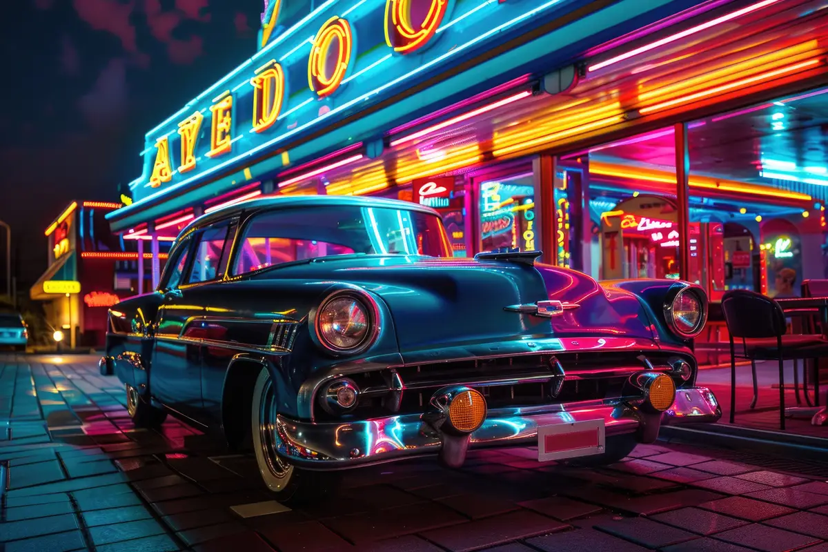 A vintage car parked beside an old diner with neon signs