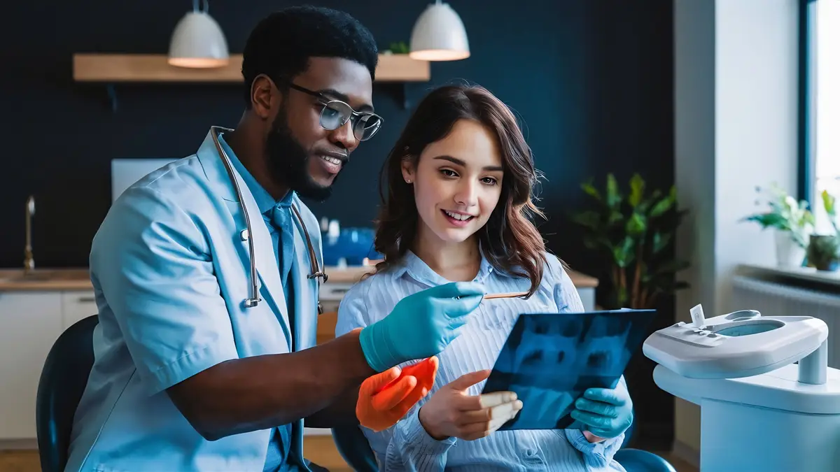 Dentistry and healthcare concept male dentist showing teeth x ray to female patient at dental whit