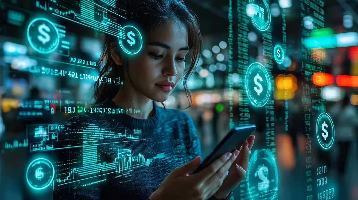 A person accessing digital banking on a smartphone surrounded by holographic currency and financial transaction icons